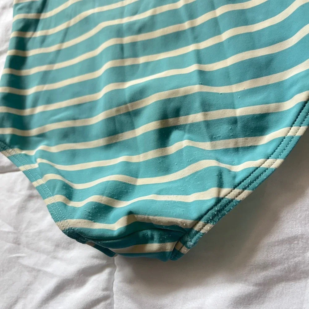 Mini Boden Girls' One-Piece Swimsuit in Aqua Stripe with Navy Puffins